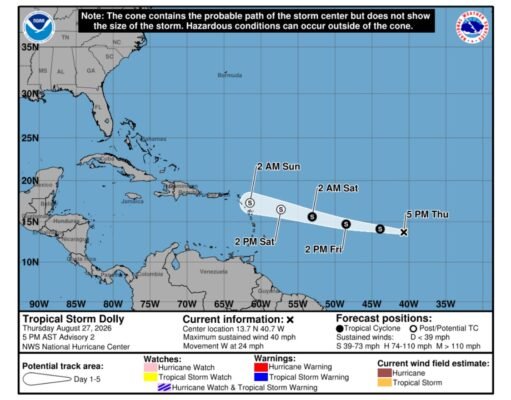 Dolly avanza a las Antillas con vientos de 40 mph