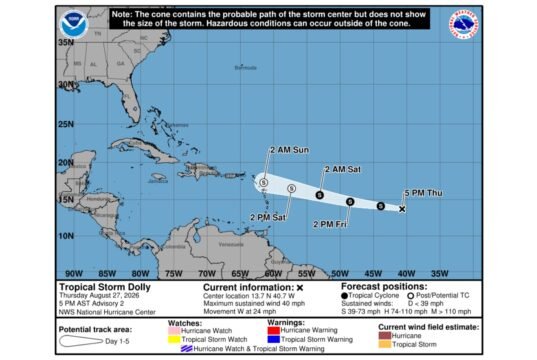 Dolly avanza a las Antillas con vientos de 40 mph
